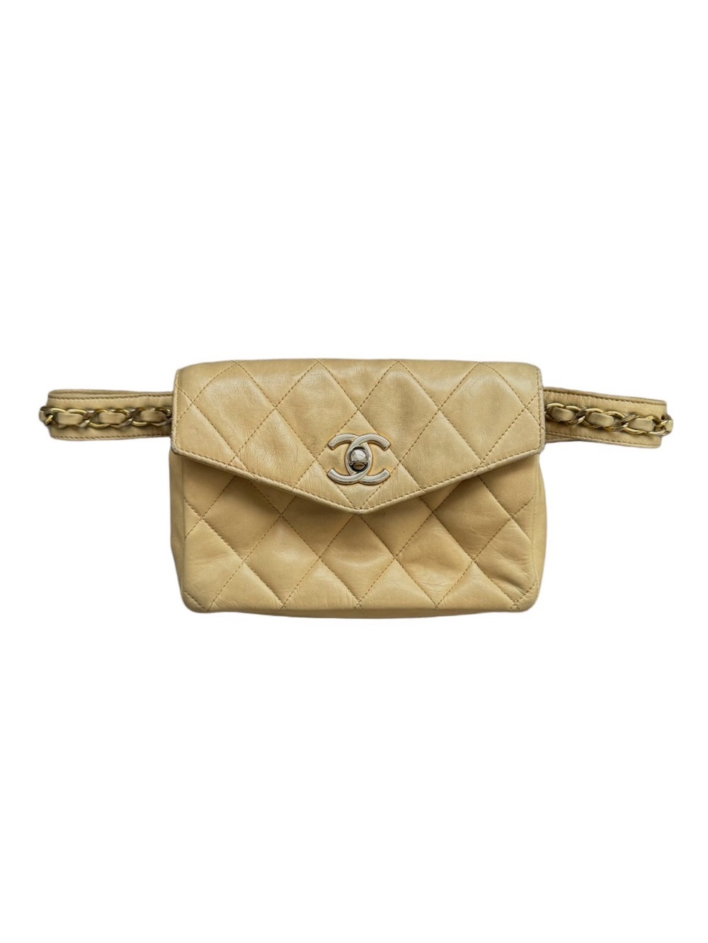 Vintage Chanel Quilted Lambskin CC Flap Waist Belt Bag 70/28 Beige Gold Chain